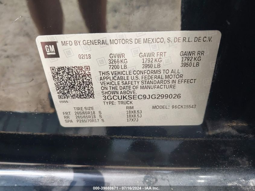 2018 Chevrolet Silverado 1500 2Lz VIN: 3GCUKSEC9JG299026 Lot: 39888671