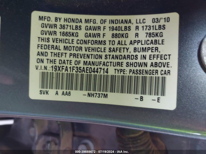 2010 Honda Civic Vp VIN: 19XFA1F35AE044714 Lot: 39888672