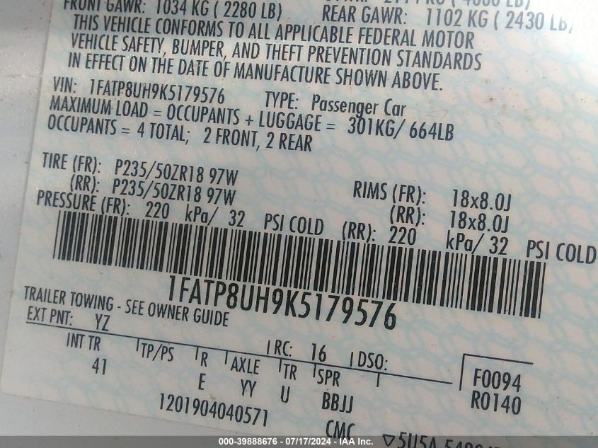 2019 Ford Mustang VIN: 1FATP8UH9K5179576 Lot: 39888676