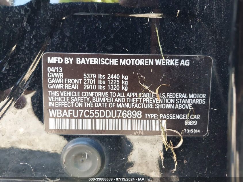 2013 BMW 535I xDrive VIN: WBAFU7C55DDU76898 Lot: 39888689