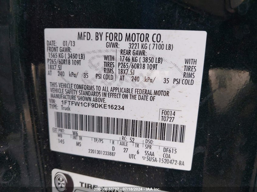 2013 Ford F150 Supercrew VIN: 1FTFW1CF9DKE16234 Lot: 39888707