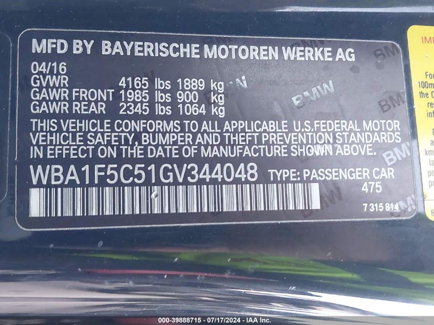 2016 BMW 228 I VIN: WBA1F5C51GV344048 Lot: 39888715
