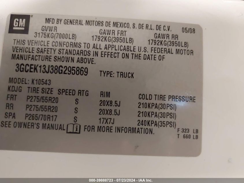 2008 Chevrolet Silverado 1500 Ltz VIN: 3GCEK13J38G295869 Lot: 39888723