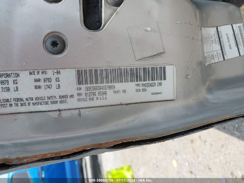 2004 Dodge Srt4 VIN: 1B3ES66S64D579054 Lot: 39888739