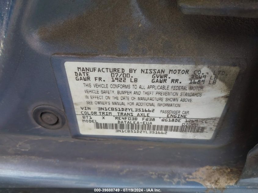 2000 Nissan Sentra Gxe/Xe VIN: 3N1CB51D2YL351662 Lot: 39888749