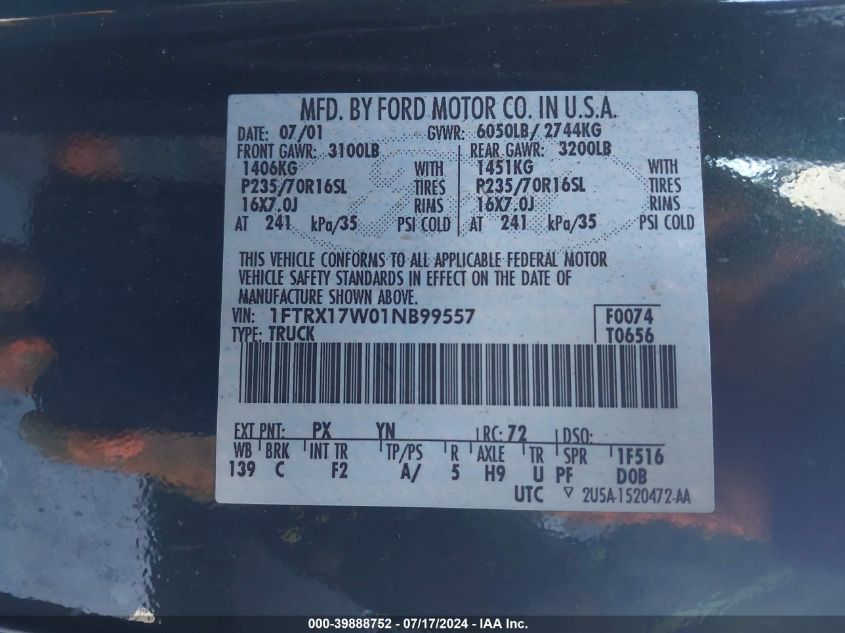 2001 Ford F-150 Lariat/Xl/Xlt VIN: 1FTRX17W01NB99557 Lot: 39888752