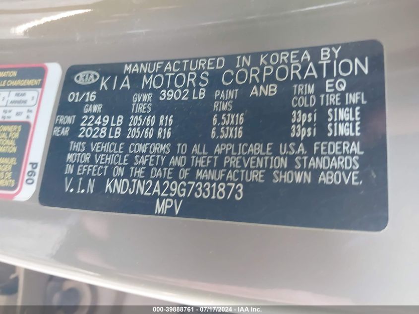 2016 Kia Soul VIN: KNDJN2A29G7331873 Lot: 39888761