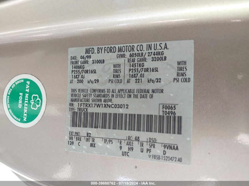 1999 Ford F-150 Lariat/Work Series/Xl/Xlt VIN: 1FTRX17W1XNC03012 Lot: 39888762