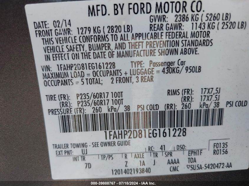 2014 Ford Taurus Se VIN: 1FAHP2D81EG161228 Lot: 39888767