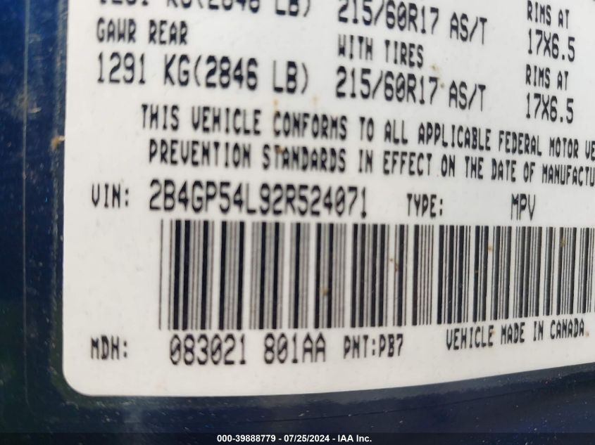 2002 Dodge Grand Caravan Es VIN: 2B4GP54L92R524071 Lot: 39888779