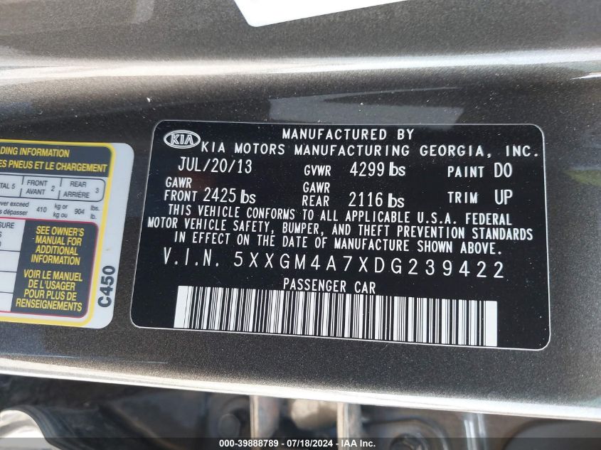 2013 Kia Optima Lx VIN: 5XXGM4A7XDG239422 Lot: 39888789