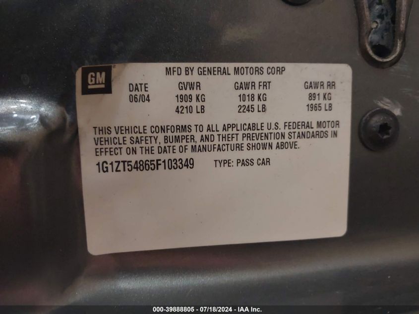2005 Chevrolet Malibu Ls VIN: 1G1ZT54865F103349 Lot: 39888805