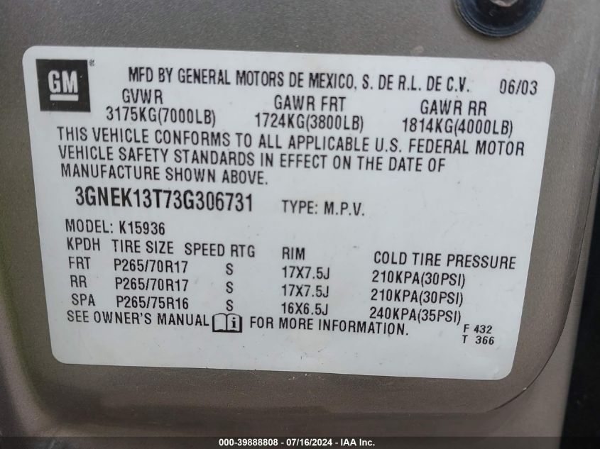 2003 Chevrolet Avalanche 1500 VIN: 3GNEK13T73G306731 Lot: 39888808