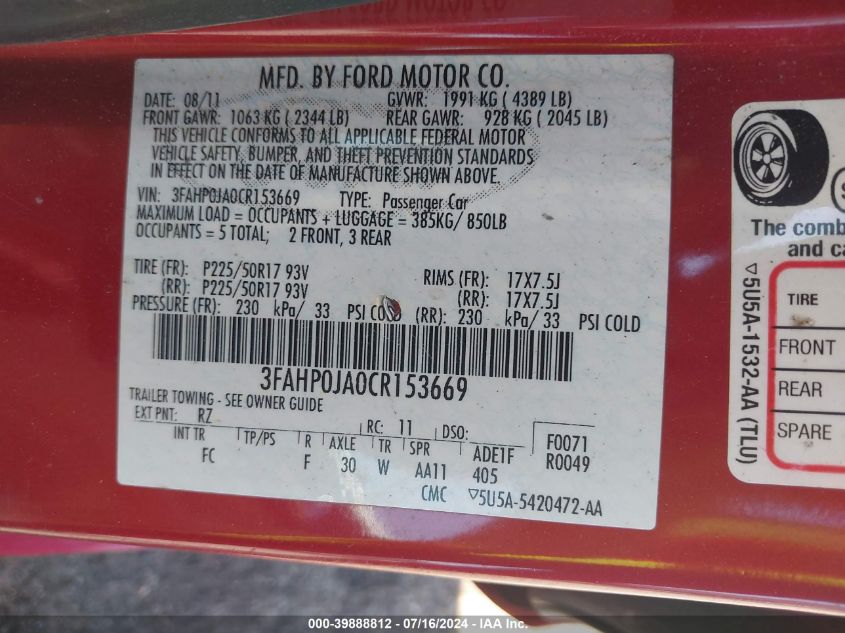 3FAHP0JA0CR153669 | 2012 FORD FUSION