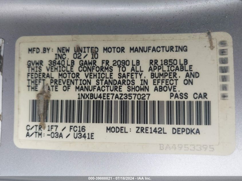 2010 Toyota Corolla S/Le/Xle VIN: 1NXBU4EE7AZ357027 Lot: 39888821