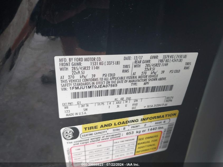 2018 Ford Expedition Platinum VIN: 1FMJU1MT0JEA07565 Lot: 39888823