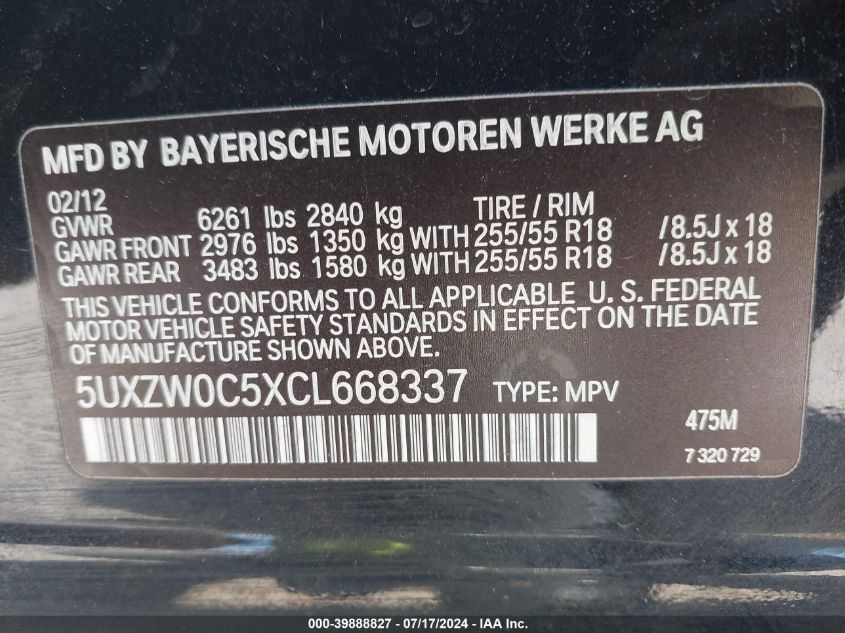 2012 BMW X5 xDrive35D VIN: 5UXZW0C5XCL668337 Lot: 39888827