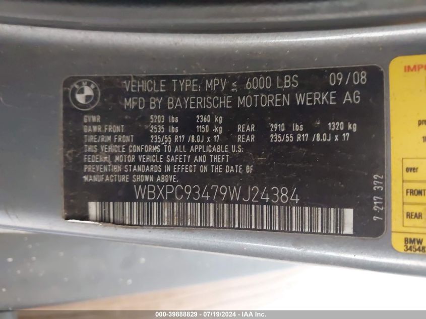 2009 BMW X3 xDrive30I VIN: WBXPC93479WJ24384 Lot: 39888829