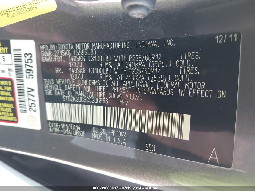 2012 Toyota Sienna Base V6 7 Passenger VIN: 5TDZK3DC5CS206956 Lot: 39888837