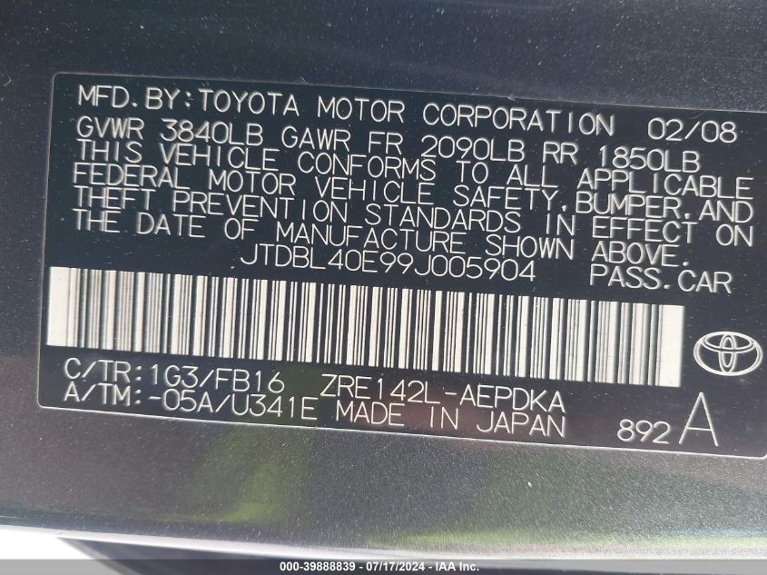 2009 Toyota Corolla Le VIN: JTDBL40E99J005904 Lot: 39888839