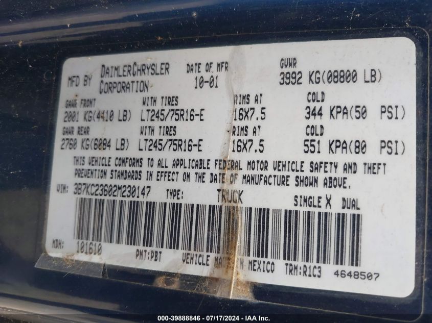 2002 Dodge Ram 2500 St VIN: 3B7KC23602M230147 Lot: 39888846