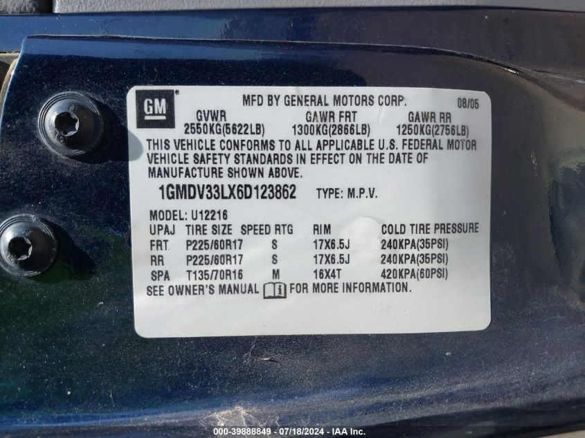 2006 Pontiac Montana Sv6 VIN: 1GMDV33LX6D123862 Lot: 39888849