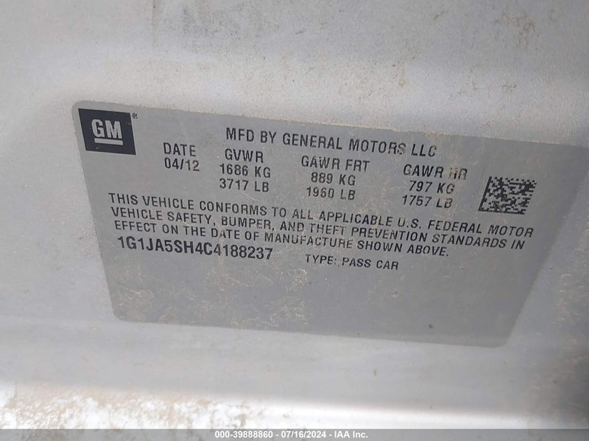 2012 Chevrolet Sonic 2Ls VIN: 1G1JA5SH4C4188237 Lot: 39888860