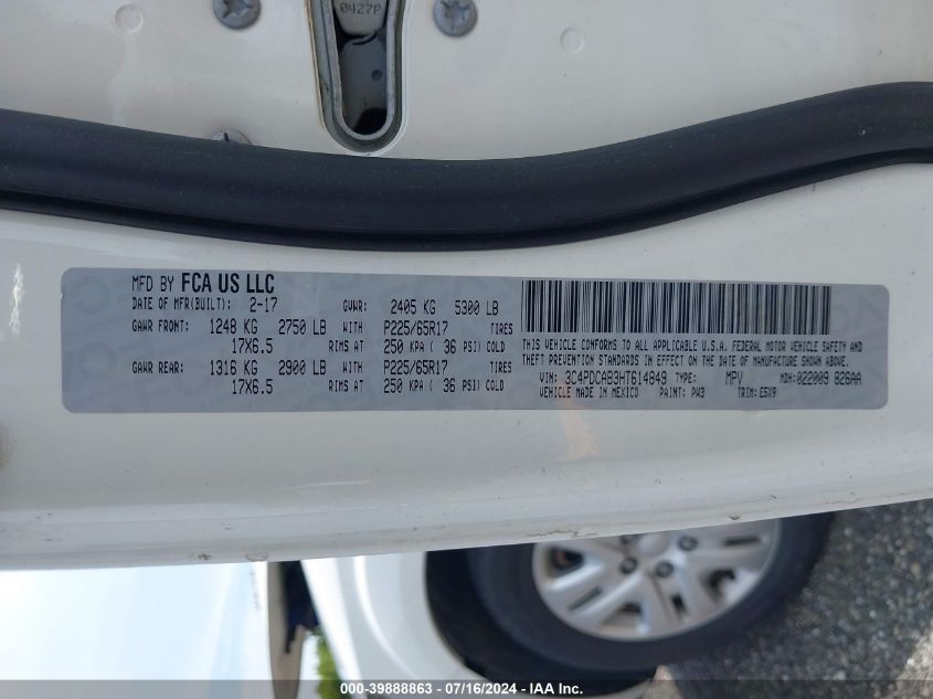 2017 Dodge Journey Se VIN: 3C4PDCAB3HT614849 Lot: 39888863