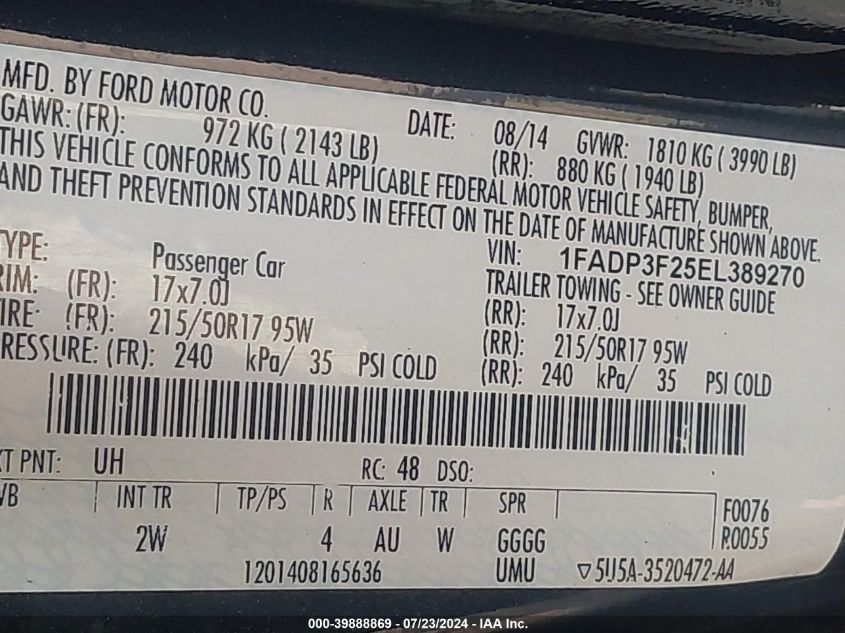 1FADP3F25EL389270 2014 Ford Focus Se