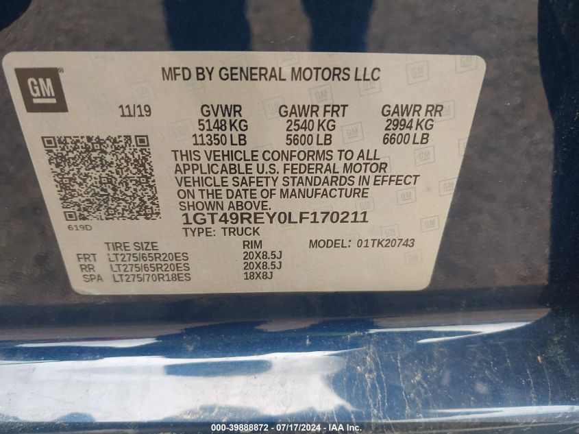2020 GMC Sierra K2500 Denali VIN: 1GT49REY0LF170211 Lot: 39888872