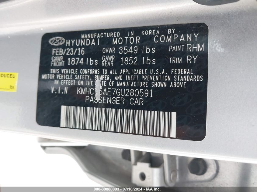 KMHCT5AE7GU280591 2016 Hyundai Accent Se