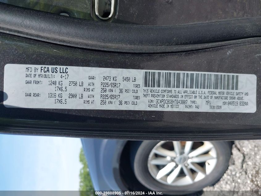 2017 Dodge Journey Sxt VIN: 3C4PDCBG8HT643807 Lot: 39888905