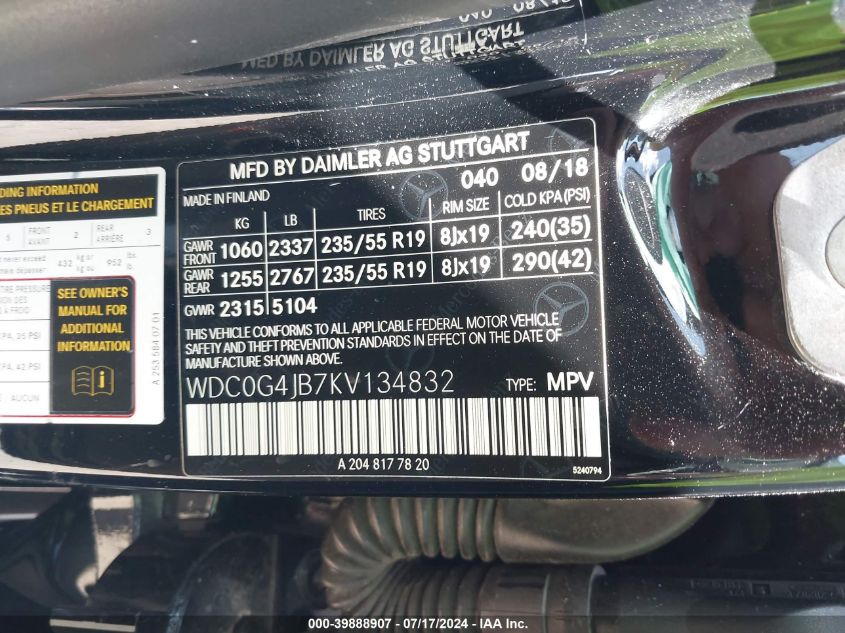 WDC0G4JB7KV134832 2019 Mercedes-Benz Glc 300