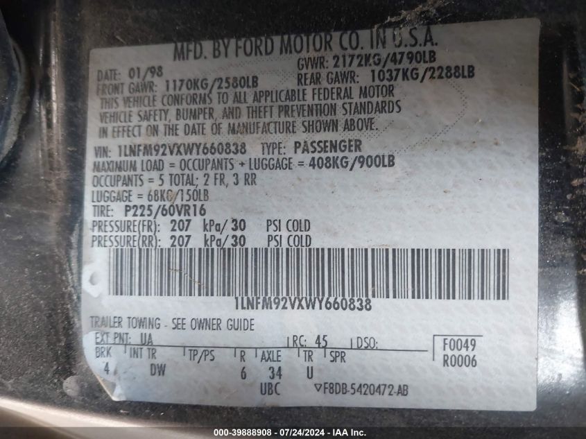 1998 Lincoln Mark Viii Lsc VIN: 1LNFM92VXWY660838 Lot: 39888908