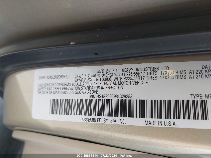 2008 Subaru Outback 2.5Xt Limited VIN: 4S4BP63C984329258 Lot: 39888914