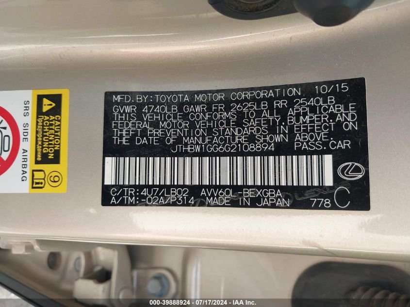 2016 Lexus Es 300H VIN: JTHBW1GG6G2108894 Lot: 39888924