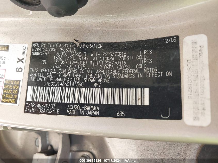 2006 Toyota Highlander VIN: JTEGD21A660141360 Lot: 39888925