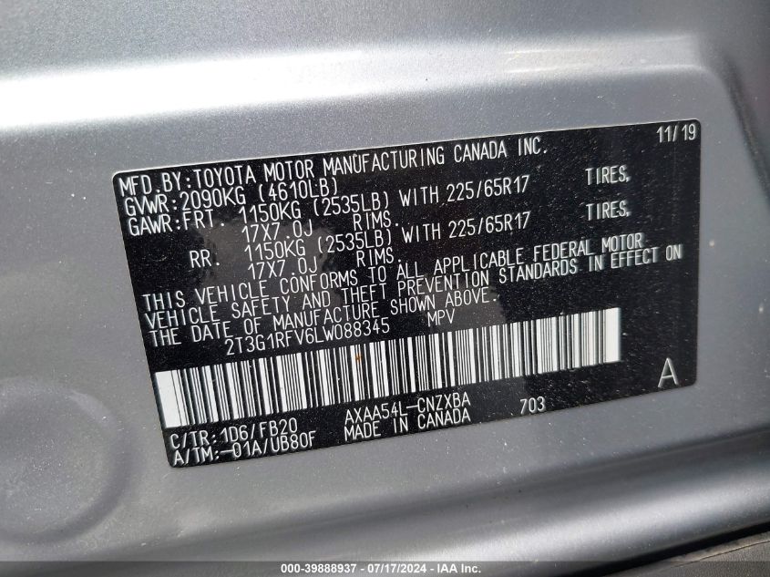 2020 Toyota Rav4 Le VIN: 2T3G1RFV6LW088345 Lot: 39888937