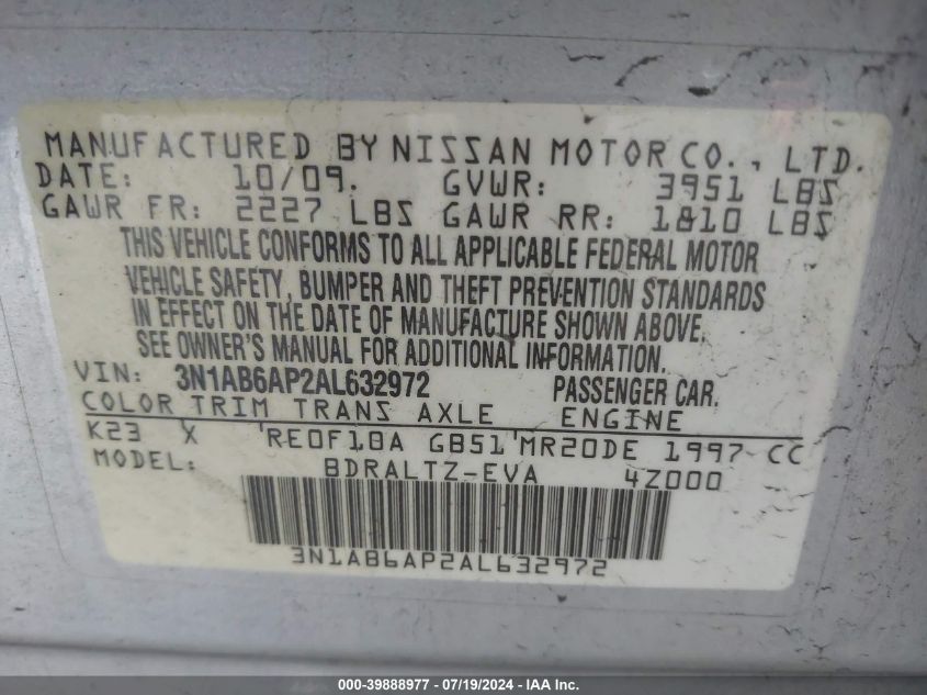 2010 Nissan Sentra 2.0Sr VIN: 3N1AB6AP2AL632972 Lot: 39888977