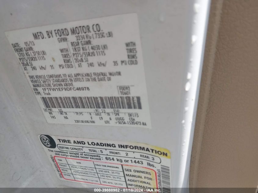 2013 Ford F-150 Lariat VIN: 1FTFW1EF9DFC46978 Lot: 39888982