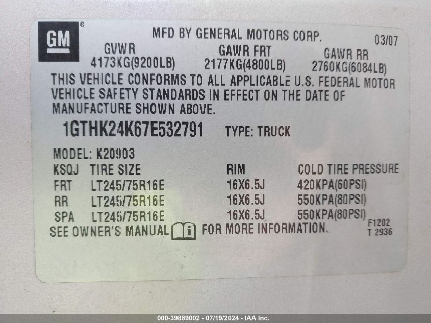 2007 GMC Sierra 2500Hd Sle1 VIN: 1GTHK24K67E532791 Lot: 39889002