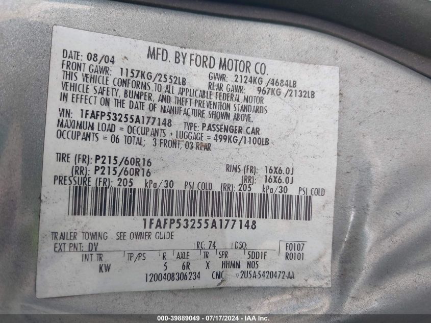 2005 Ford Taurus Se VIN: 1FAFP53255A177148 Lot: 39889049