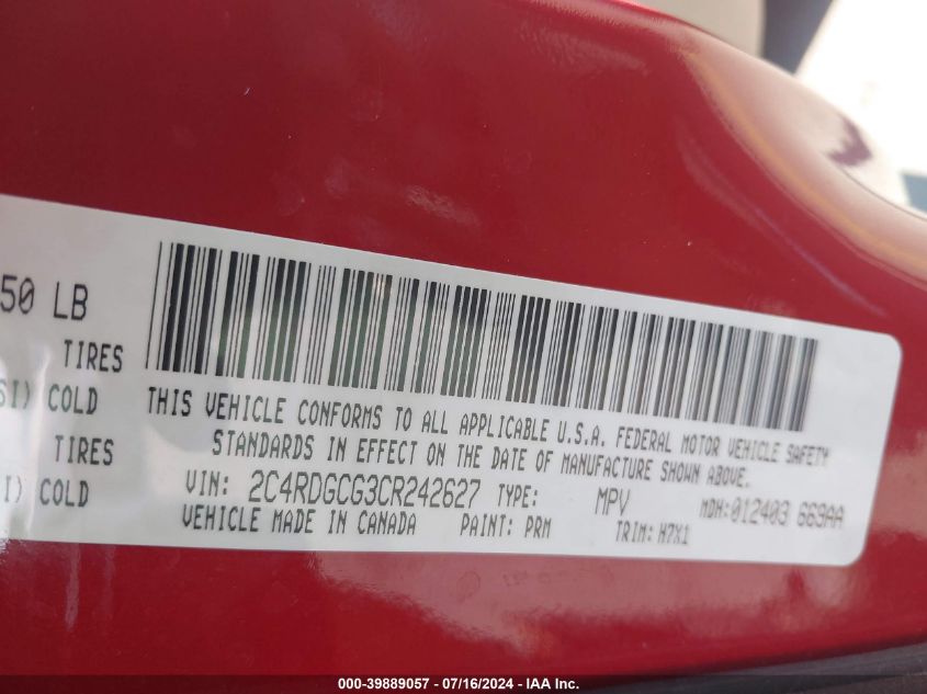 2012 Dodge Grand Caravan Sxt VIN: 2C4RDGCG3CR242627 Lot: 39889057