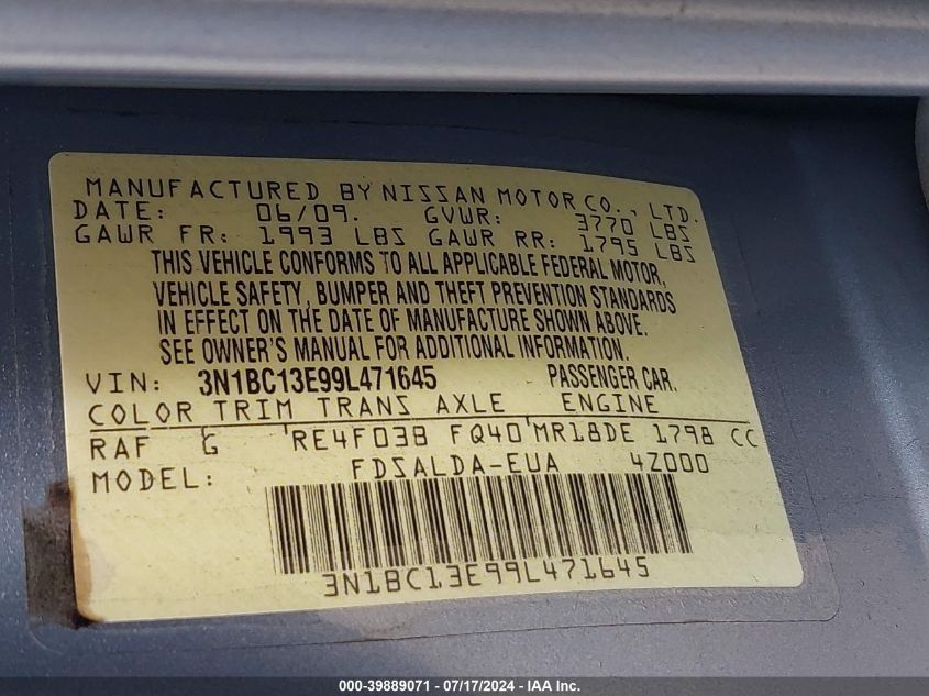 2009 Nissan Versa 1.8S VIN: 3N1BC13E99L471645 Lot: 39889071