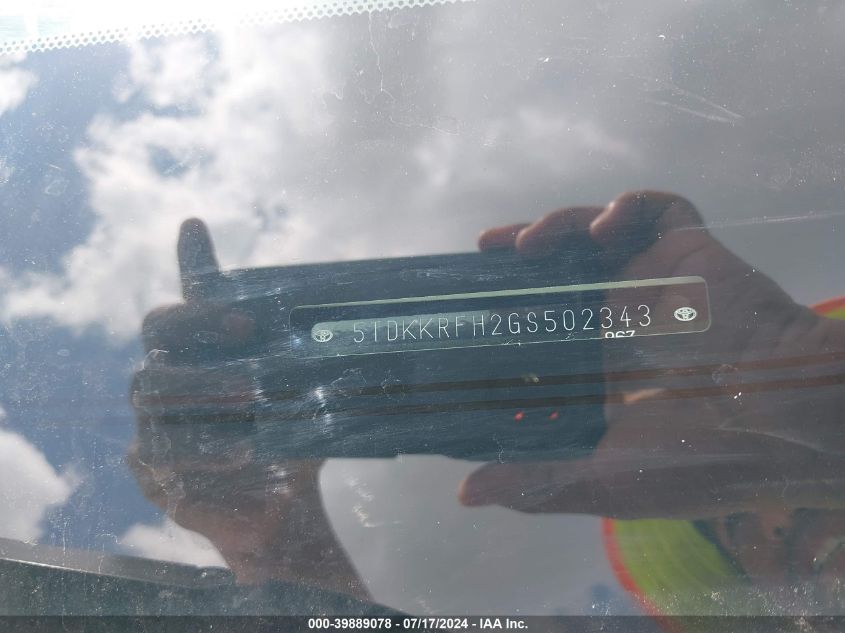 2016 Toyota Highlander Xle V6 VIN: 5TDKKRFH2GS502343 Lot: 39889078