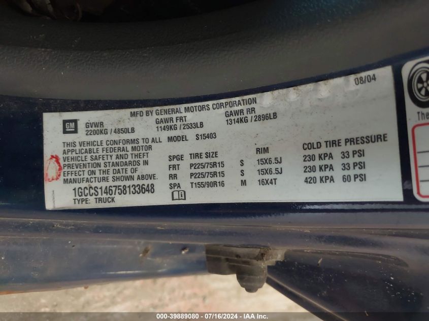 2005 Chevrolet Colorado Ls VIN: 1GCCS146758133648 Lot: 39889080