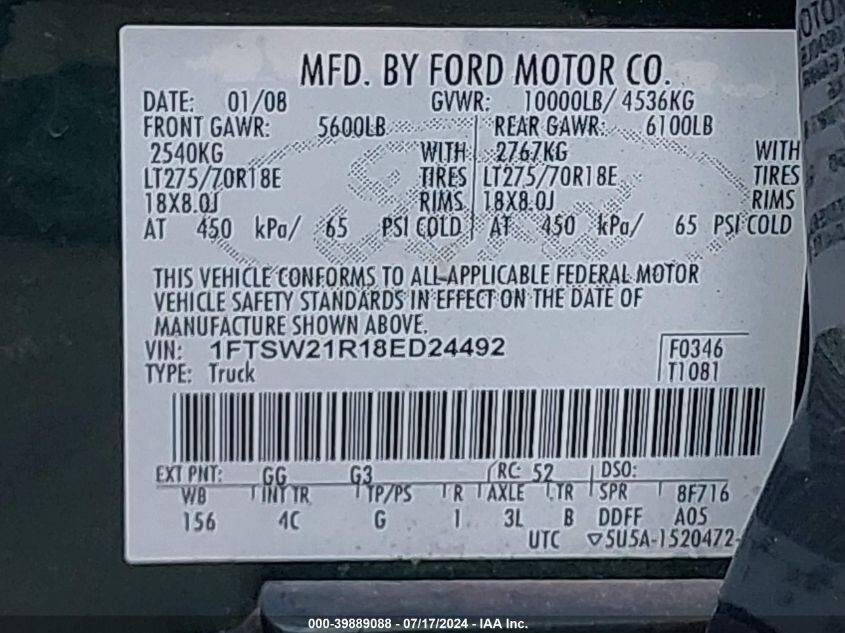 2008 Ford Super Duty F-250 Xl/Xlt/Fx4/Lariat/King Ranch/Harley-Davidson VIN: 1FTSW21R18ED24492 Lot: 39889088