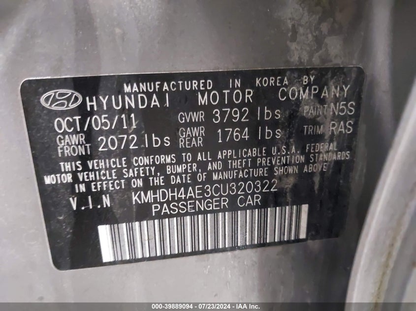 2012 Hyundai Elantra Limited (Ulsan Plant) VIN: KMHDH4AE3CU320322 Lot: 39889094