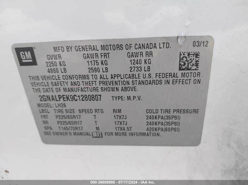 2012 Chevrolet Equinox 2Lt VIN: 2GNALPEK9C1280807 Lot: 39889095
