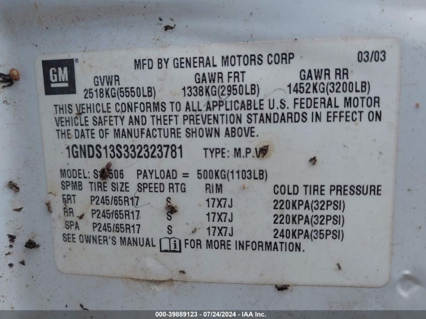 2003 Chevrolet Trailblazer Ltz VIN: 1GNDS13S332323781 Lot: 39889123